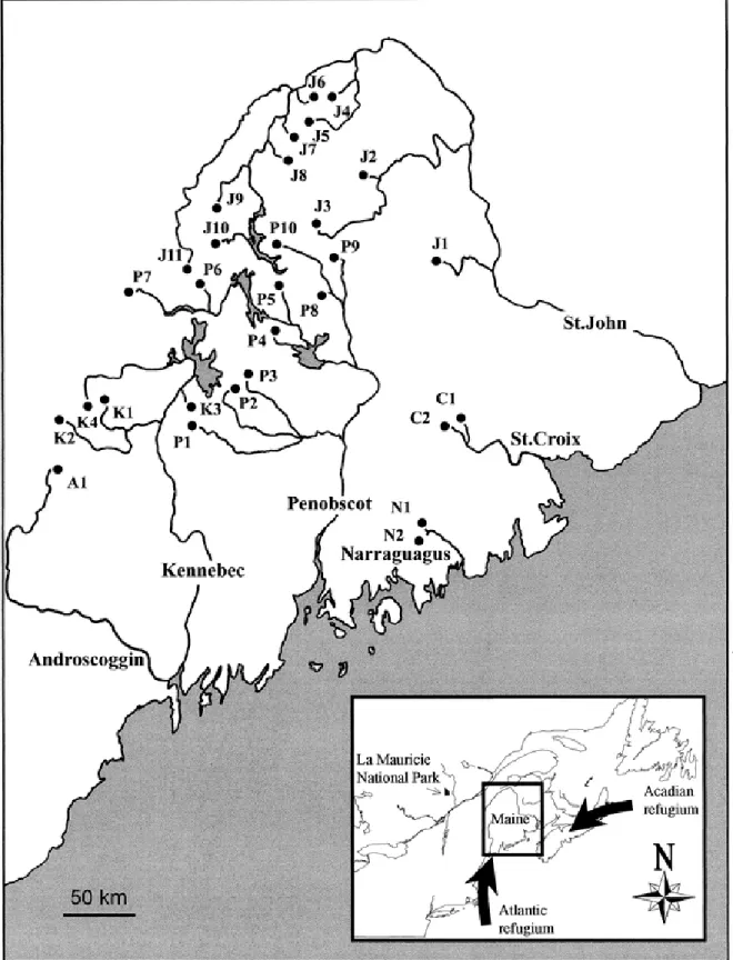 Figure 2-1 Sampling sites in Maine. Population codes correspond to locations in Table 1.