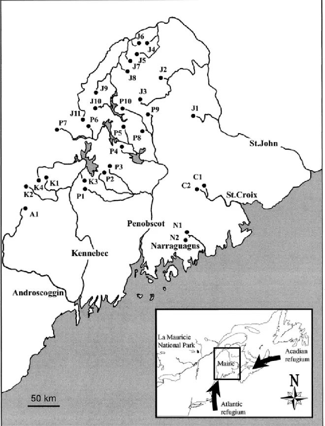 Figure 2-1 Sampling sites in Maine. Population codes correspond to locations in Table 1.