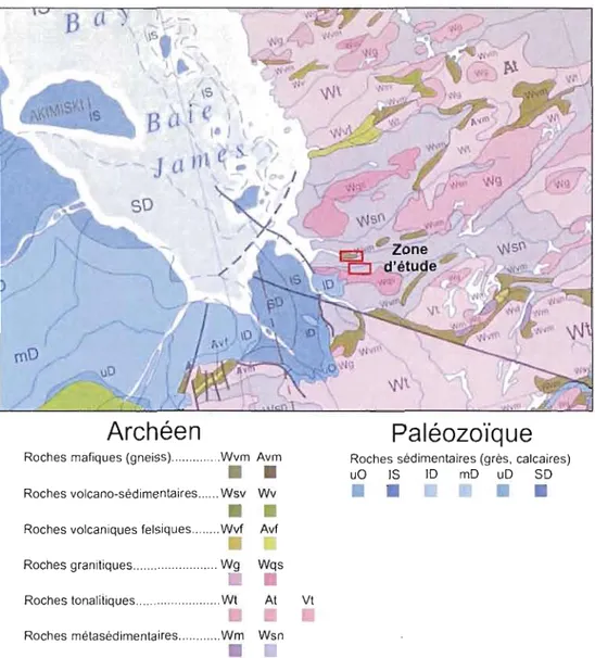 Figure  1.3:  Carte géologique du  secteur d'étude, tiré de  la  carte numérique de  la Commission  géologique  du  Canada  (source:  http://cgc.rncan.gc.ca/map/1860a/indexj.php)