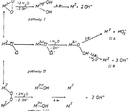 Fig. I. 20: Chemin réactionnels possibles en fonction du mode d’adsorption de l’oxygène sur  le platine en milieu basique [122]