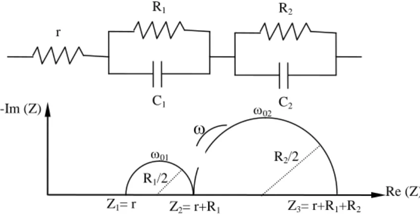 Fig. II: 4. Spectre d'impédance théorique dans le cas de deux diélectrique branchés en  série avec une résistance et telle que  01  &gt; 30  02 
