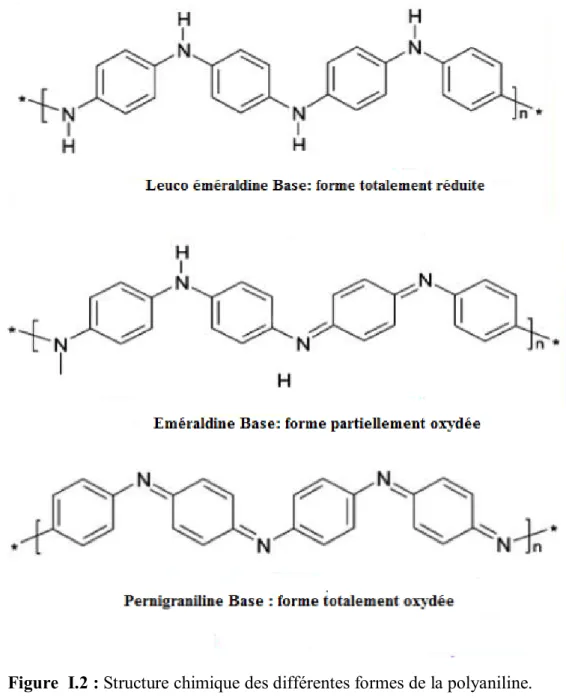 Figure  I.2 : Structure chimique des différentes formes de la polyaniline. 