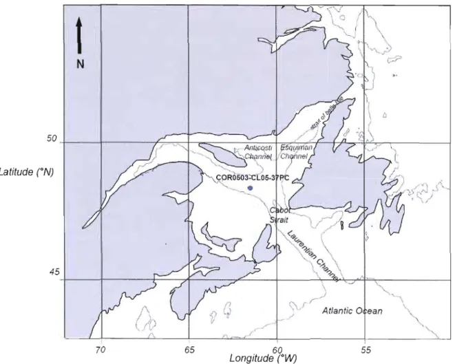 Figure  1:  Map  of the  Gulf of St.  Lawrence and  location of the  coring site; COR503­