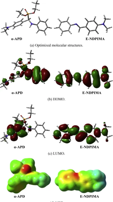 Fig. 7. Optimized molecular structures, molecular orbitals density distributions and the MEP maps of the a -APD and E-NDPIMA.