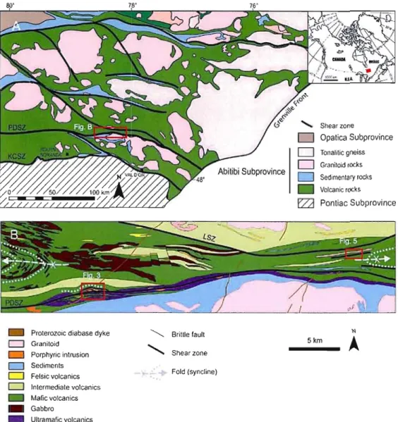 Figure  1.  (a)  Simplified  geology  of the  Southeastern  Abitibi  greenstone  belt (modified  from  Mueller  et  al.,  1996)