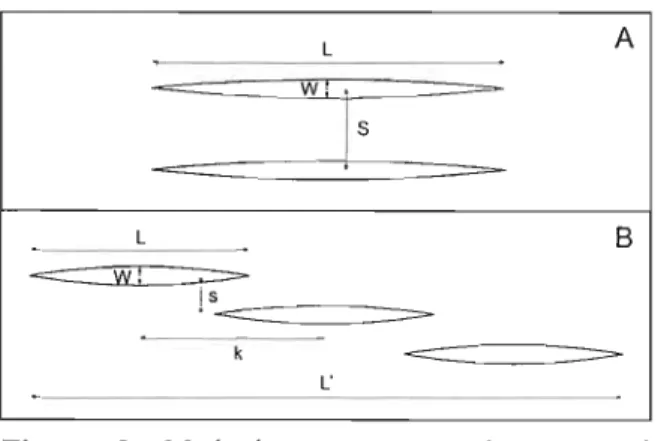 Figure  2.  Methods  to  measure  the  geometric  features  ofveins for  isolated veins (a)  and  in echelon  veins  (b)  (modified  from  Nicholson  and  Pollard,  1985),  k,  centre  spacing;  L,  vein  length;  L',  in  echelon  vein  array  length;  s,