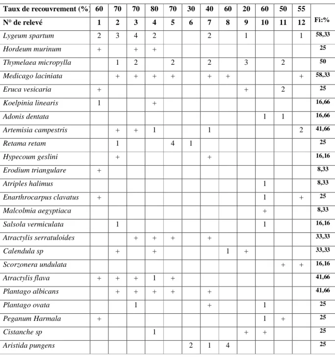 Tableau 11: relevés floristiques et les coefficients d’abondance- dominance des espèces recensées   Taux de recouvrement (%) 60  70  70  80  70  30  40  60  20  60  50  55  N° de relevé  1  2  3  4  5  6  7  8  9  10  11  12  Fi:% Lygeum spartum  2  3  4  