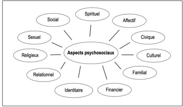 Figure 5.  Les différents aspects de la composante psychosociale de Durivage, Hébert et Nour (2012) 