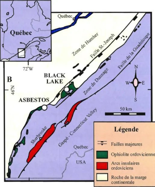 Figure  2.i  : Trait  géologiques  généraux et  localisation  de  la  ville  de  Black  Lake (mine Lac d'amiante située dans  le  complexe ophiolitique de Thetford  Mines)  et  de  la  ville  d'Asbestos  (Mine  Jeffrey  située  dans  le  complexe  ophiolit