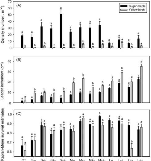 Fig. 3. Comparison of (A) mean density averaged from four micro-plots, (B) mean annual leader increment averaged from 2000 to 2002, and (C) Kaplan–Meier survival estimates (±1 SE) between sugar maple and yellow birch within the 12 combinations of treatment