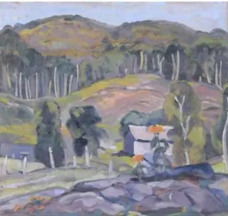 Fig.  15.  SAVAGE, Anne, Collines des  Laurentides,  v.  1932-1935, huile sur panneau  de bois, 40,5  x 45,5  cm, Musée des beaux-arts du  Canada, Ottawa