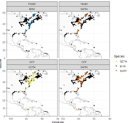 Figure 5. Motus receiving stations with at least one detection for each species, by tagging location 