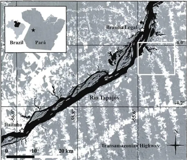 Figure  l.1  Location  map  of the  study region.  Water bodies are  in  black,  forested  areas are  in  grey and  unforested areas are in  white