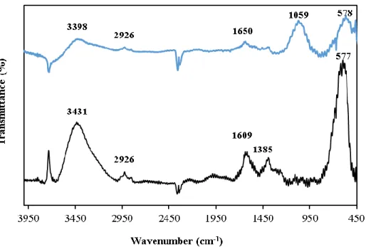 Figure 3.1. Transmission FTIR spectra of functionalized MNPs before (black)  and (blue) after enzyme immobilization