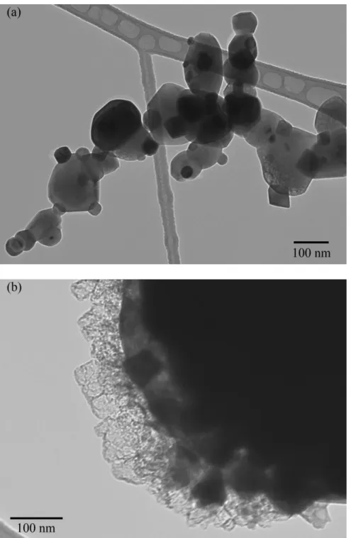 Figure 5: TEM micrographs showing (a) that some particles are facetted and (b) that a  small amount of amorphous carbon is present