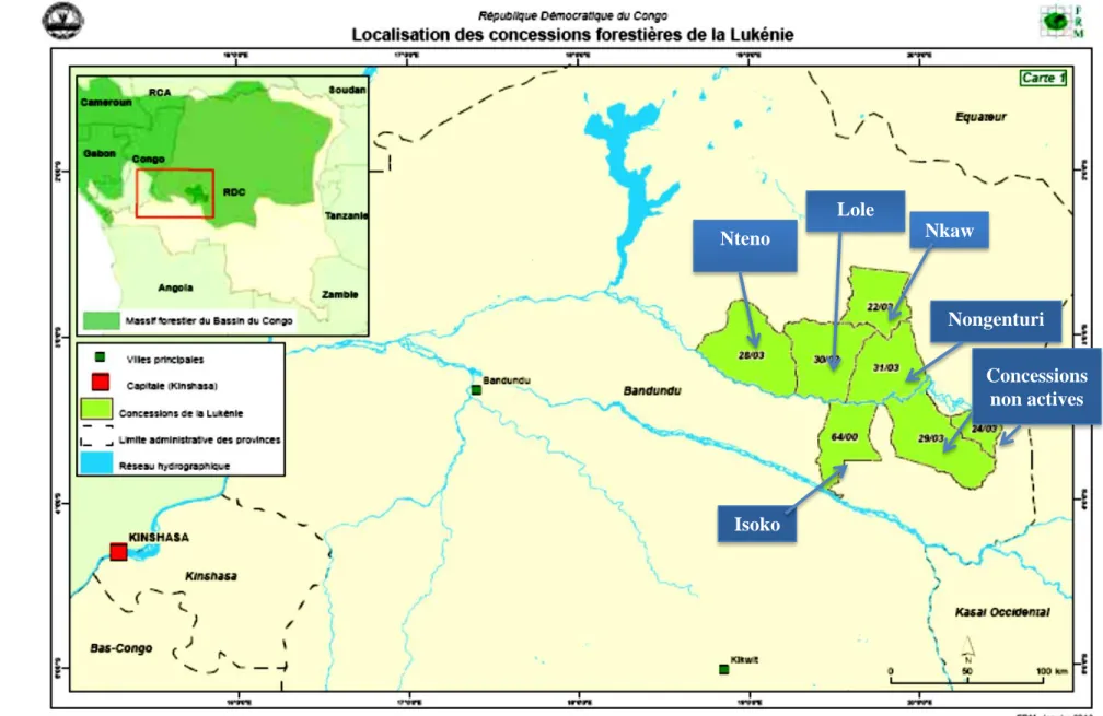 Figure 3-6. Carte des concessions de SODEFOR au territoire d’Oshwe Nteno Lole  Nkaw  Nongenturi  Concessions non actives  Isoko 