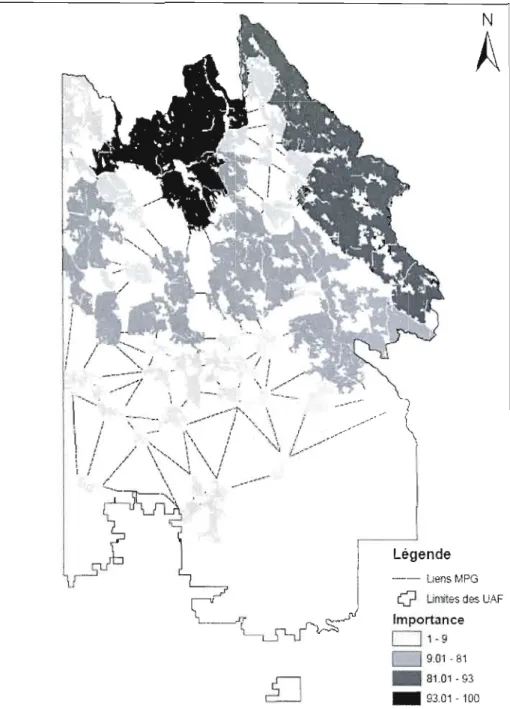 Figure 4.  Importance individuelle  (0  à 100) des  parcelles d'habitat de  qualité  pour la  connectivité  du  paysage  dans  les  unités  d'aménagement  forestier  (UAF)  085-51  et  085-62