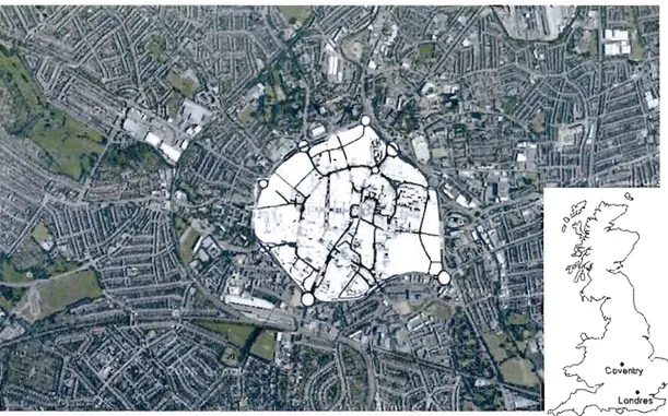 Figure  1.6  Coventry:  situation  par  rapport  à  l'Angleterre  et  superposition  du  plan  du  centre-ville  reconstruit  présenté  par  la  ville  de  Coventry  en  J 959  sur  une  carte  aérienne  de  la  ville  en  2007  (Carte  de  fond  extraite 