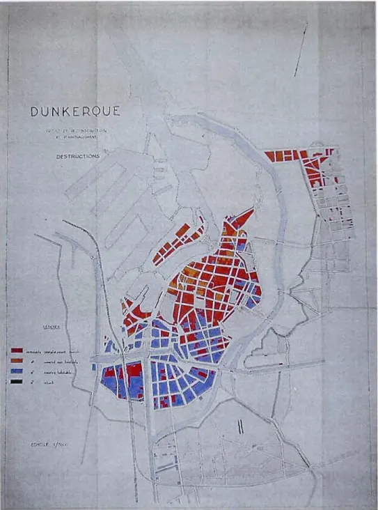 Figure  2.7  Carte  détaillant  l'ampleur  des  ruines  au  centre  de  l'agglomération  dunkerquoise, c.1945  (Archives de  la  CUD)