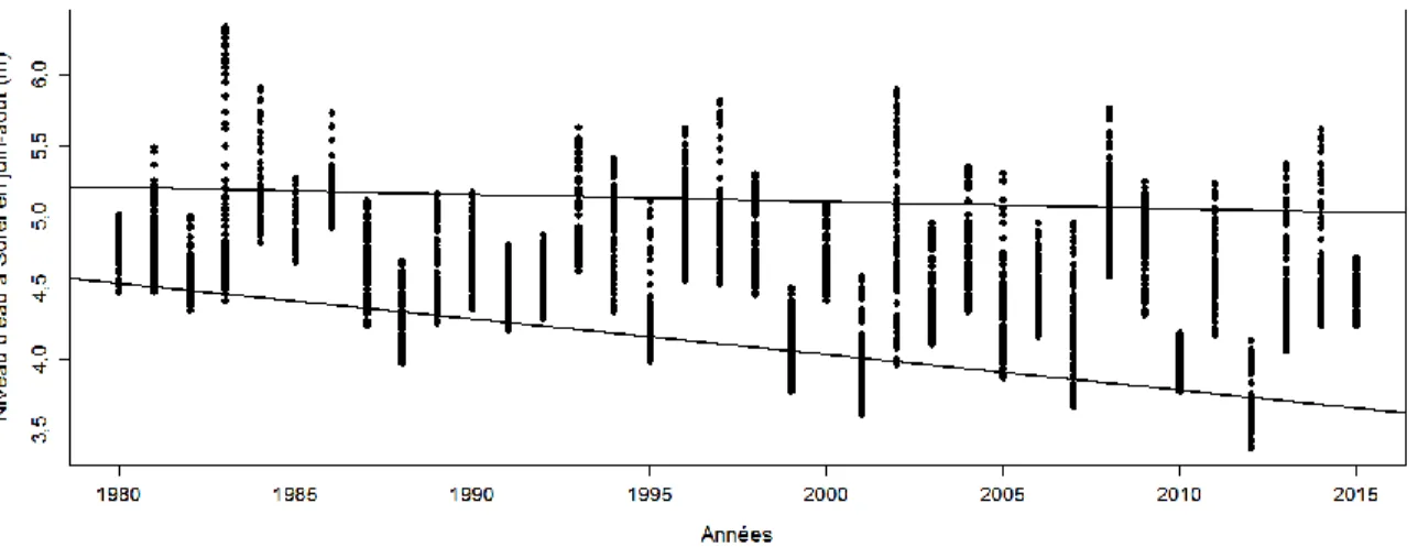 Figure 1 : Niveaux d’eau quotidiens du fleuve Saint-Laurent pour les mois de juin à août à  la station de mesure de Sorel, entre 1980 et 2015 (Pêches et Océans Canada 2015)