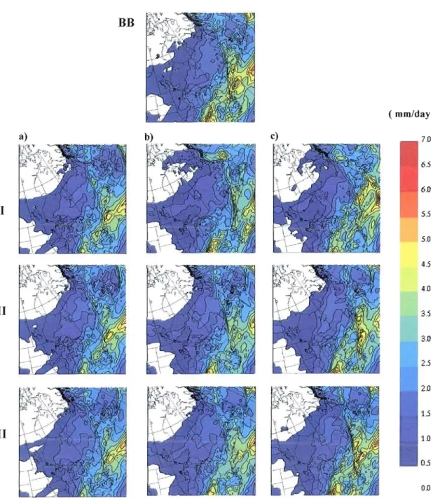 Figure  4  Stationary  component of the  precipitation  rate  field  for  the  LBs  a  120  b  160  and  c  196  for  the different experiments with  1 no  SN II 0-5% SN and  III  5% SN
