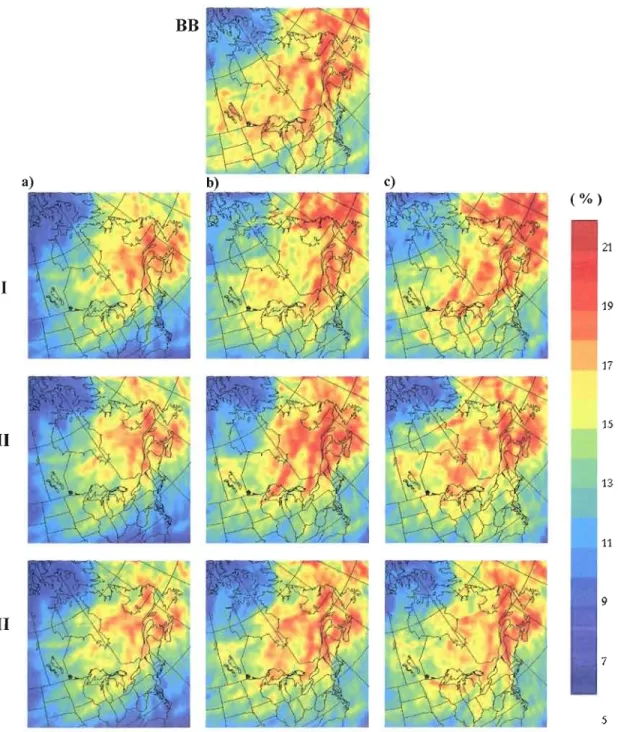 Figure  8  Small-scale  transient component  of the  700hPa relative  humidity  field  for  the  LBs  a  120  b  160  and  c  196  for the different experiments with 1 no  SN  Il 0-5% SN  and  III 5% SN 