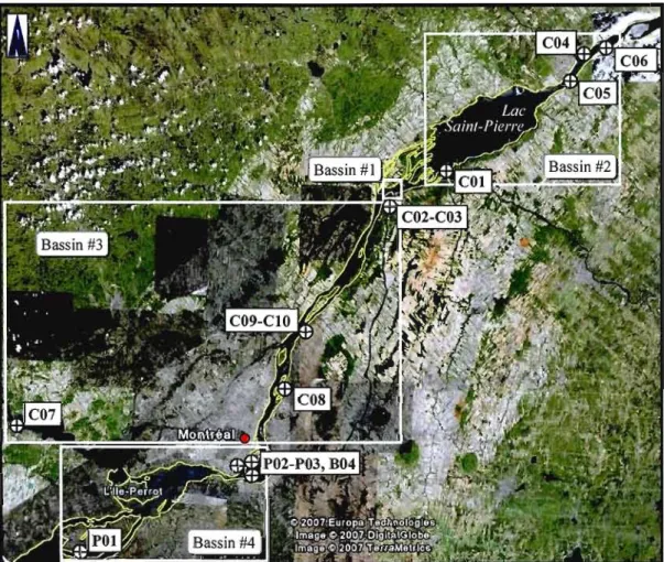 Figure 2.1  : Positionnement des  bassins  hydrographiques  et des  stations  d'échantillonnage sur  la  voie  maritime du  fleuve  Saint-Laurent, Québec (Source: Google Earth, 2007)
