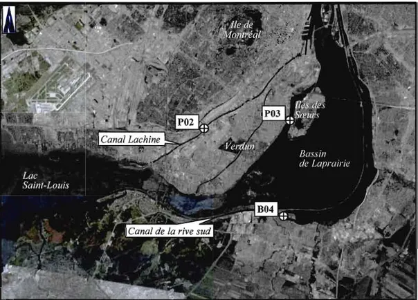 Figure 2.3  :  Agrandissement  du  Bassin  #4  montrant  la  localisation  des  échantillons  P02,  P03  et  B04  (Source: Google Earth, 2007)