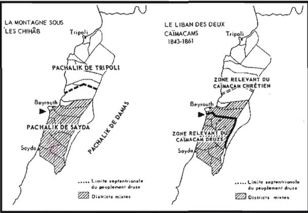 Figure  2.2  Le  Mont-Liban  sous  le  régime  de  l'émirat  libanais  et  celui  des  deux  districts (caïmacamat) 