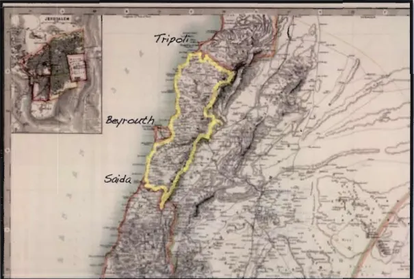 Figure 2.3 Le Mont-Liban (en jaune) sous le régime de la mutesarrifate après les  réformes de  l'Empire Ottoman de 1894 