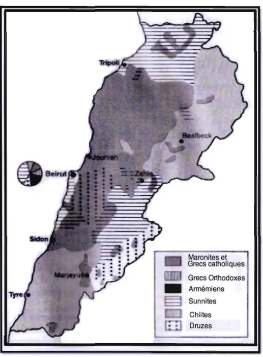 Figure  2.7  Carte  de  la  représentation  territoriale  des  communautés  religieuses  majoritaires du Liban (1985)  Maronites et  Grecs catholiques  Grecs Orthodoxes  •	  Armémiens  Sunnites  Chiites  Druzes 