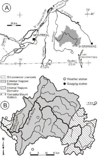 Fig. 1. The Noire River basin (a) location, (b) geology (simplified from MER, 1985), gauging stations and weather stations.