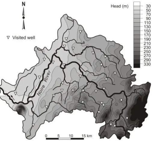 Fig. 2. Piezometric map of the Noire River aquifer (Larocque and Pharand, 2010).