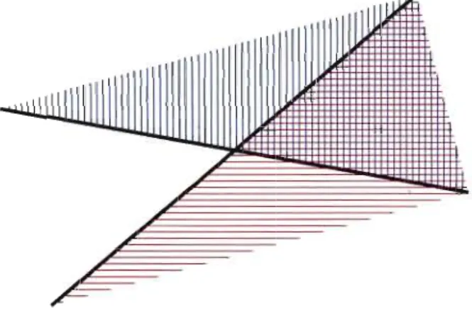 FIGURE  2.2 Cône polyédral vu comme l'intersection de demi-espaces: les deux droites  sécantes représentées en noires déterminent chacune deux demi-plans