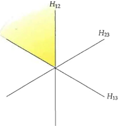 FIGURE  2.9  Une  chambre  de  l'arrangement  d'hyperplans  de  S3  : on a  représenté  en  jaune une des six chambres de .'il Notons que les chambres sont bien les compléments  IR?  \  UHi}EJ'l  Hij­