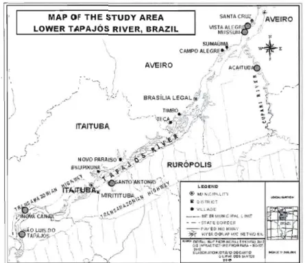 Figure  17 : Map  of the study area, the Lower Tapajôs River Valley  Participating communities are  identified by  a large dot (CD) 
