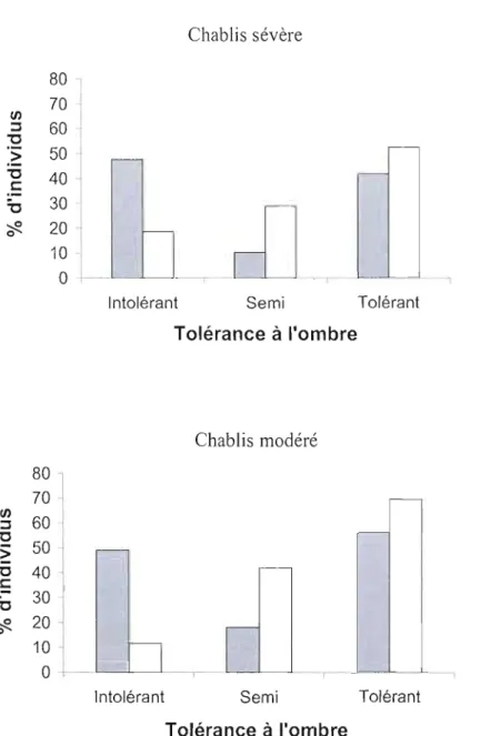 Figure  9  :  Pourcentages  d'individus  de  la  canopée  de  chaque  classes  de  tolérance  à  l'ombre  avant  perturbation  (barre  foncée)  et  prédit  (barre  blanche)  pour  les  chablis  sévères et modérés