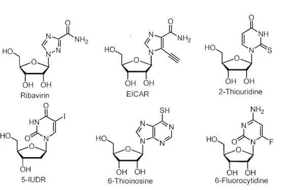 Figure 1.18  Modifications variées de 1'hétérocycle retrouvées dans différents  analogues de nucléosides 