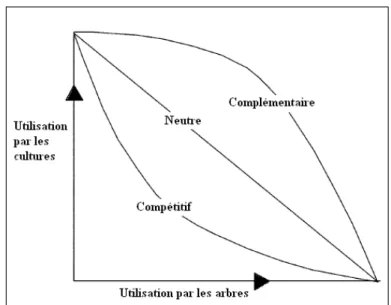 Figure 1.4  Schéma  du  patron  de  déplétion  d’une  ressource  théorique  en  présence  d’interactions compétitives, neutres ou complémentaires 