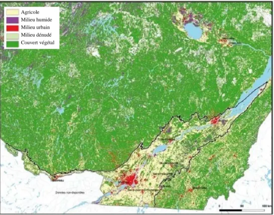 Figure  1-1 :  Couverture  du  sol  du  sud  du  Québec.  La section entourée de noir correspond à la  région  naturelle  des  basses  terres  du  Saint-Laurent  (tiré  de :  Conservation  de  la  nature  Canada  (CNC), 2010, p