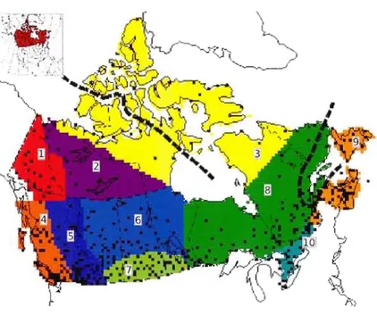 Figure 2.1  Canadian climatic regions:  1-YUKON,  2-MACK, 3-EARCT, 4-WCOAST, S-WCRDRA,  6-NWFOR, 7-NPLNS,  8-NEFOR, 9-MRTMS  and  10-GRTLKS