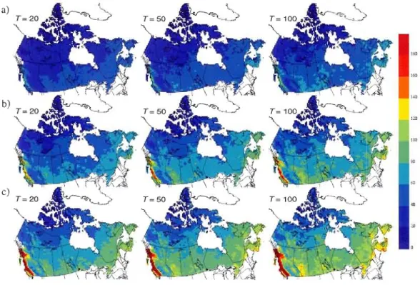 Figure  2.10  Spatial  distributions  of ensemble  averaged  20-,  50- and  100-year  retum  levels  of 1-,  3­