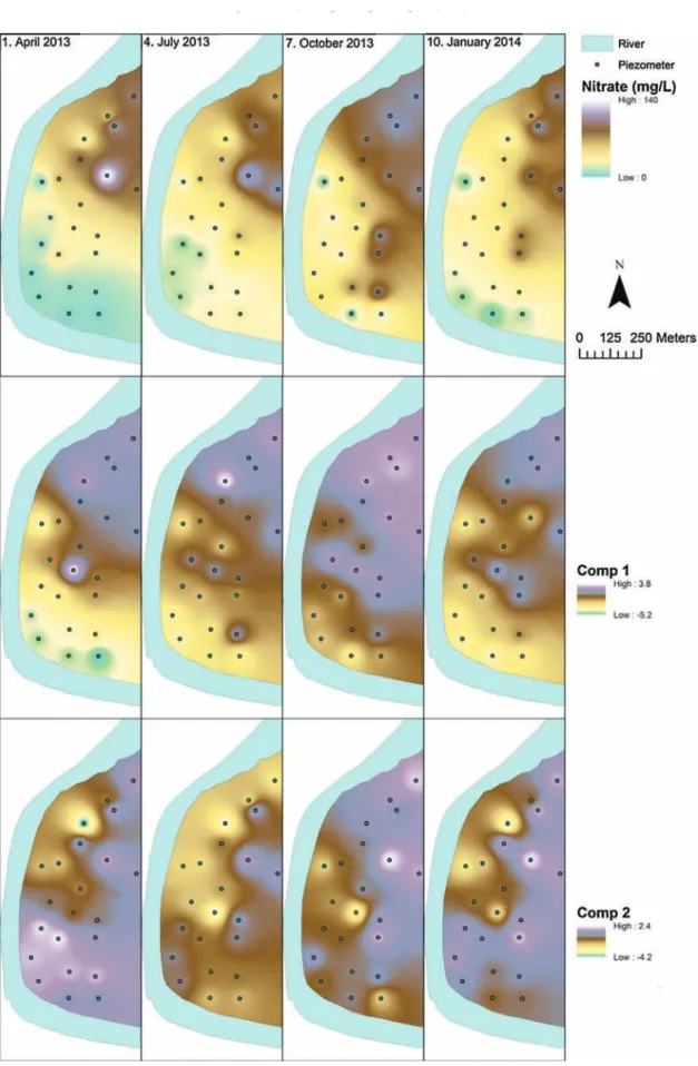 Fig. 4. Maps of interpolated (IDW) nitrate concentrations and of the scores of the first (comp1) and second components (comp2) of the PLSR performed on NO 3 − for the four full sampling campaigns.