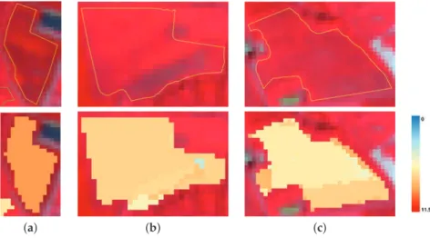 Figure 12. Maps of spectral heterogeneity inside three grasslands (a–c). The first row shows the grasslands’ polygon limits in yellow on the SPOT5 false color image acquired on 10 May 2015