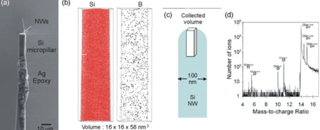 Figure 5: Image du micropilier portant quelques nanofils, la représentation 3D des atomes de Si et de Bore, la  représentation schématique du volume de nanofil étudié et un spectre de masse de nanofil de Si dopé au bore