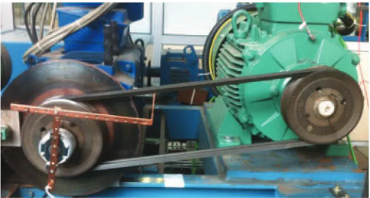 Fig. 1. Experimental test bench composed of an 30-kW IM (right), a belt–pulley transmission system (middle), and a direct-current machine (left).