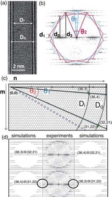 Figure 1a presents a typical atomically resolved HRTEM image of a DWNT. Basically, it displays a complex contrast moire ́ pattern that arises from the projected view of four rotated hexagonal networks