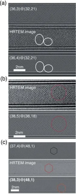 Figure 3. Comparison between experimental and simulated HRTEM images where the analysis of moire ́ patterns enables identifying the structure of the DWNT