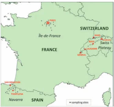 Fig. 1. Situation of the 61 sampling sites in three areas of Europe.