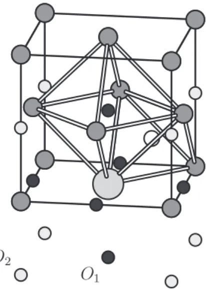 Fig. 1. A vacancy in a face-centered cubic structure surrounded by the ﬁrst and second shell of octahedral sites (6 O 1 and 8 O 2 sites) and only one, out of eight, T 1 tetrahedral interstitial sites represented (white ball).